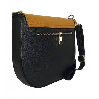 Włoska skórzana listonoszka podkówka Vera Pelle , pojemna złote okucia Czarna z Camelem VPP38NC