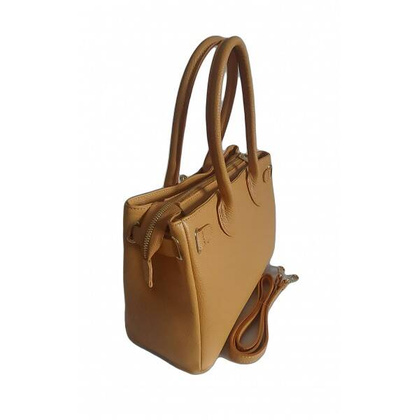 Włoska skórzana torebka kuferek do ręki Vera Pelle, złote okucia Camel KMA35C