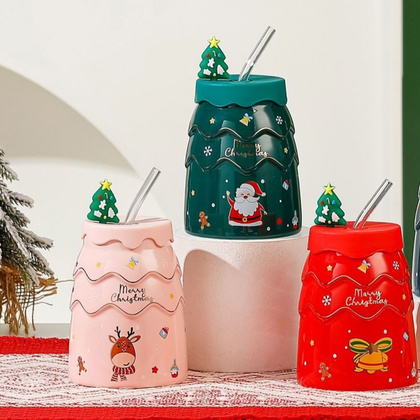 KUBEK ŚWIĄTECZNY - zestaw z silikonową pokrywką i rurką 400ml, czerwony KB06CZE