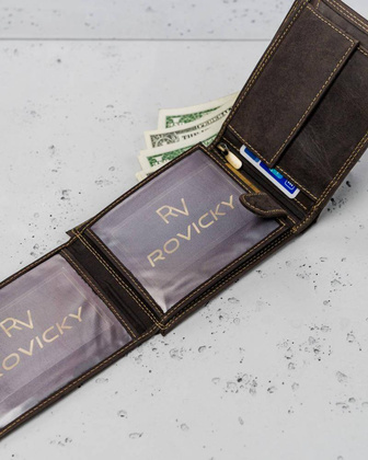 Poziomy, składany portfel męski z zewnętrzną kieszonką na kartę