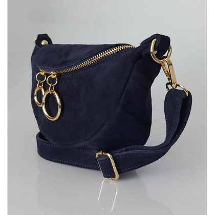 Włoska zamszowa listonoszka, nerka Vera Pelle złote okucia kółka Granatowa LN633BS
