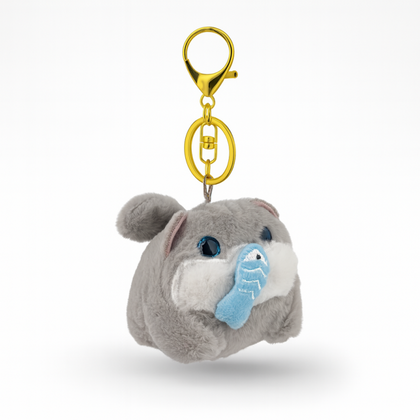 Brelok do kluczy - Kot łapiący rybę z kręconym ogonkiem, szary BRL398SZ