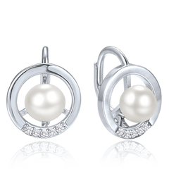 MINET Eleganckie srebrne kolczyki kółka z perłą i cyrkoniami