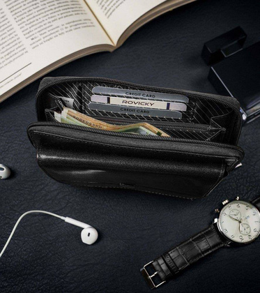 Skórzane etui na pasek z miejscem na karty i dokumenty, RFID