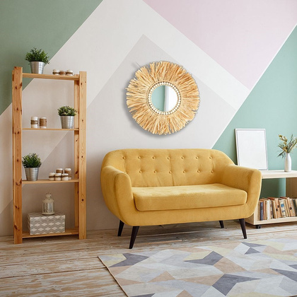 Lustro okrągłe wiszące w naturalnej ramie z koralikami ścienne do salonu rafia boho 50 cm