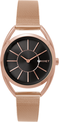 MINET Różowo-czarny damski zegarek ROSE GOLD BLACK MESH