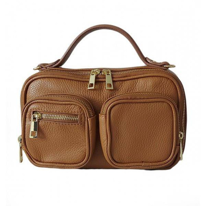 Zgrabny elegancki kuferek, listonoszka kieszonki A5 złote okucia Vera Pelle Camel VPMC15C