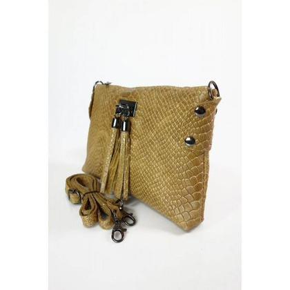 Skórzana włoska listonoszka ,wężowa skórka,frędzelki camel LP149C