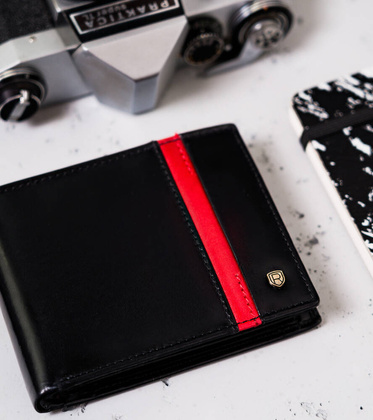 Skorzany portfel meski z czerwonym paskiem