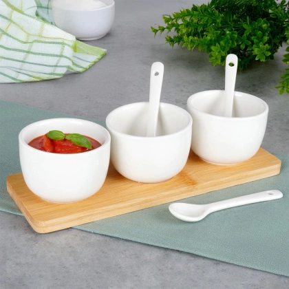 Miseczki na przekąski z łyżeczkami ceramiczne białe 90 ml 7 el.