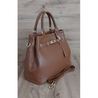 Skórzana Włoska duża torba Vera Pelle,złote okucia ,kłódka Camel BERK753C