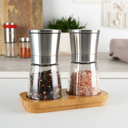 Młynek do mielenia soli i pieprzu na bambusowym stojaku zestaw 3 szt.