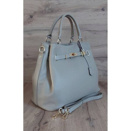 Skórzana Włoska duża torba Vera Pelle,złote okucia ,kłódka Beżowa BERK753T