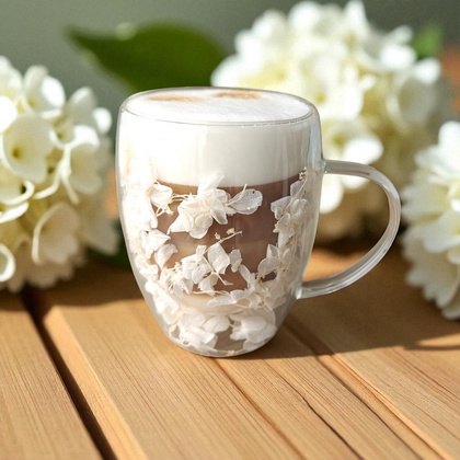 Szklanka termiczna z białymi kwiatami w środku, hortensje 300ml 1szt - SZK185