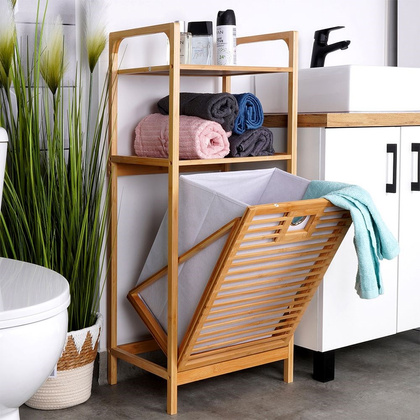 Regał łazienkowy z koszem na pranie bambusowy