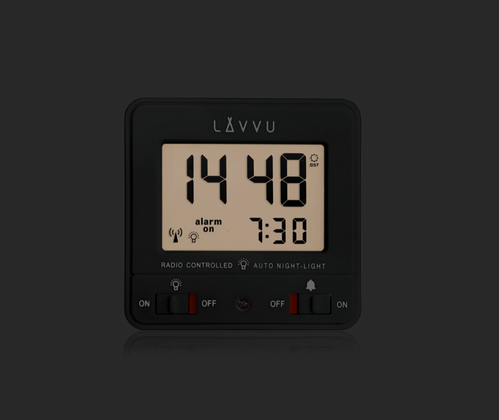 LAVVU Cyfrowy budzik sterowany radiowo NORDLYS czarny z czujnikiem światła