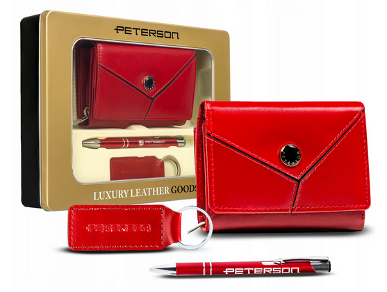 Zestaw prezentowy maly skorzany portfel damski brelok i dlugopis