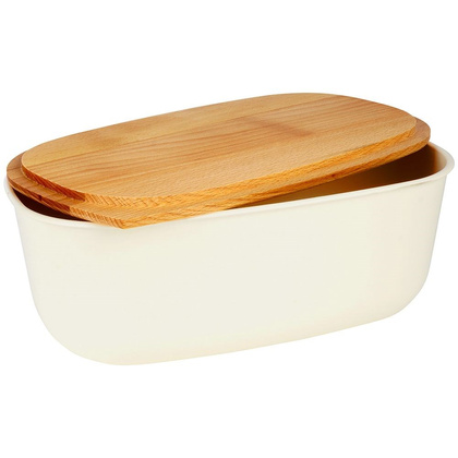 Chlebak pojemnik na pieczywo z drewnianą deską kremowy 39x23,5x15,5 cm