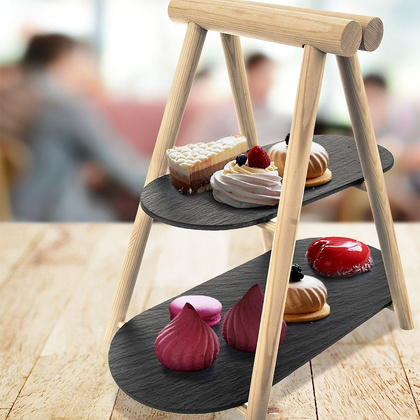 Patera 2-poziomowa drewniana kamienna 41x24x38,5 cm