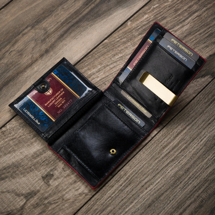 Elegancki portfel męski z czerwonym akcentem