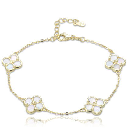 MINET Pozłacana srebrna bransoletka koniczyny z białą masą perłową