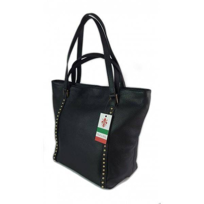 Duża włoska torba na ramię,podwójne uszy, worek Vera Pelle ,Czarna WM555N KEMER