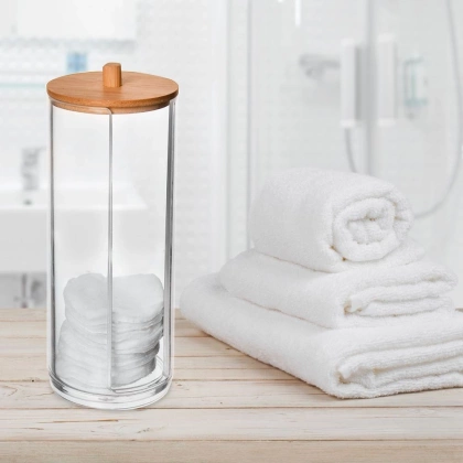 Pojemnik na płatki kosmetyczne łazienkowy podajnik akrylowy bambusowy na waciki WHITNEY