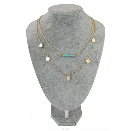 Naszyjnik delikatny podwójny celebrytka z turkusem N164