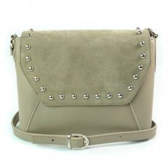 Skórzana torebka listonoszka srebrne okucia dzety zamsz beżowa VP31T