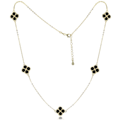 MINET Pozłacany srebrny naszyjnik koniczynkami z czarną masą perłową
