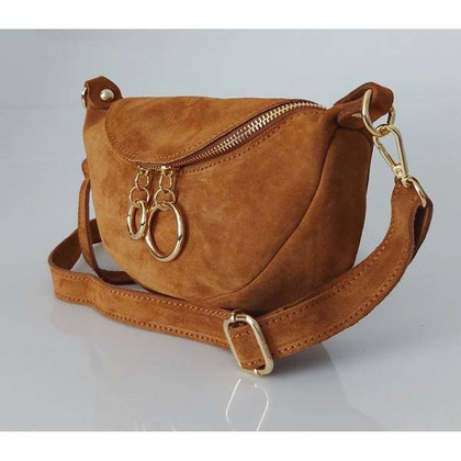 Włoska zamszowa listonoszka, nerka Vera Pelle złote okucia kółka Camel LN633C