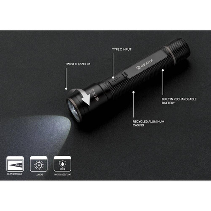 Kieszonkowa latarka Gear X, ładowana przez USB, aluminium z recyklingu