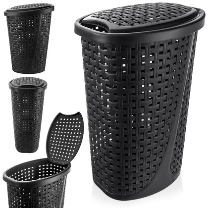 Kosz na pranie z pokrywą wąski czarny 45 l 41x32x61 cm