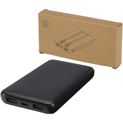 Adhil powerbank o pojemności 10.000 mAh i mocy 10 W z tworzyw sztucznych pochodzących z recyklilngu z 2 wbudowanymi kablami