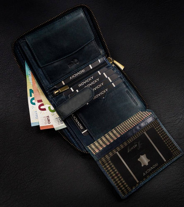 Pionowy portfel męski na zamek z przeszyciami, skóra naturalna