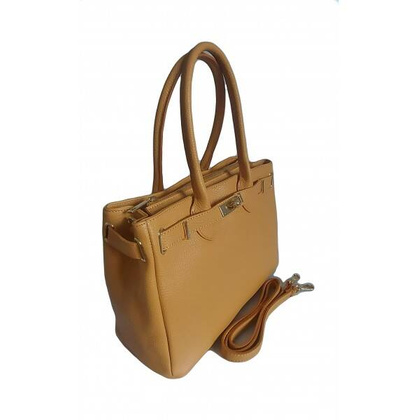 Włoska skórzana torebka kuferek do ręki Vera Pelle, złote okucia Camel KMA35C