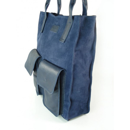 Zamszowy worek Vera Pelle ,pojemna skórzana torba ,kieszenie XXL A4 Granatowy BYC88BS