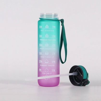 Butelka na wodę, bidon z miarką i słomką 1L OMBRE Zieleń z Różem BD19