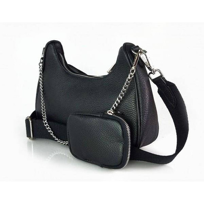 Włoska listonoszka, przewieszka ,Vera Pelle srebrne okucia ,szeroki pasek, Czarna VP742N