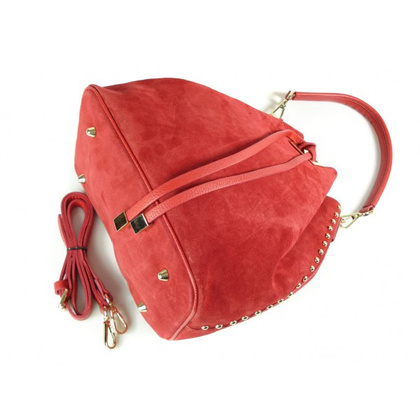 Duży zamszowy skórzany worek na ramię złote okucia dzety czerwony MK46R