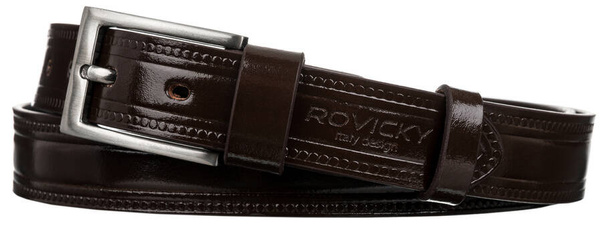 Zdobiony pasek meski z lakierowanej skory naturalnej licowej