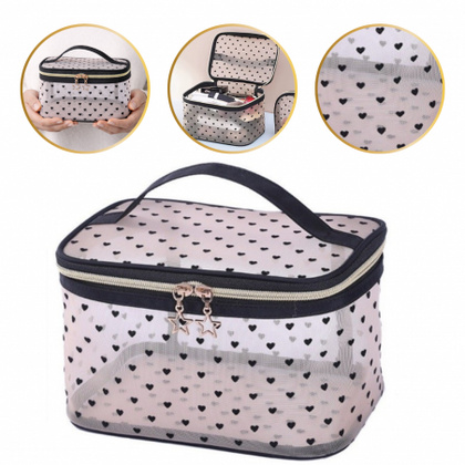 Kosmetyczka damska kuferek transparentna czarne serca 12x21x13cm KS125