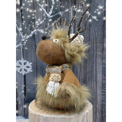 Futrzany renifer z podświetlanym porożem brązowy 20x35x47CM