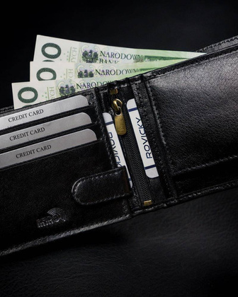 Cienki portfel męski z naturalnej skóry licowej ze schowkiem na suwak
