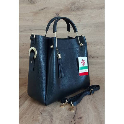 Włoski kuferek Shopperka A4 ,złote okucia + frędzelek Vera Pelle Czarny KLV33N