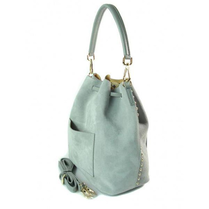 Duży zamszowy skórzany worek na ramię złote okucia dzety szary MK46G