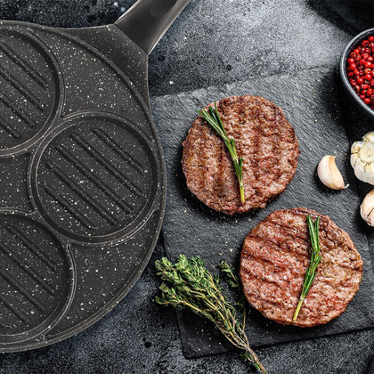 Patelnia grillowa do smażenia burgerów jajek placków granitowa 4 otwory GRANDE 26,5 cm
