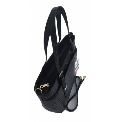 Włoska skórzana torebka na ramię Vera Pelle ,złote okucia,format A4, Czarna skóra kroko GL55COCON