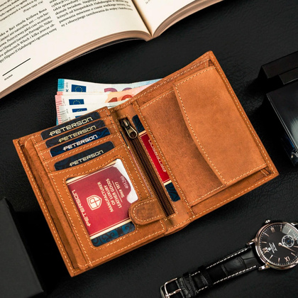 Pionowy elegancki portfel meski ze skory naturalnej