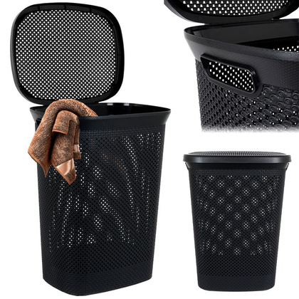 Kosz na pranie pojemnik łazienkowy na odzież bieliznę z pokrywą czarny 60 l